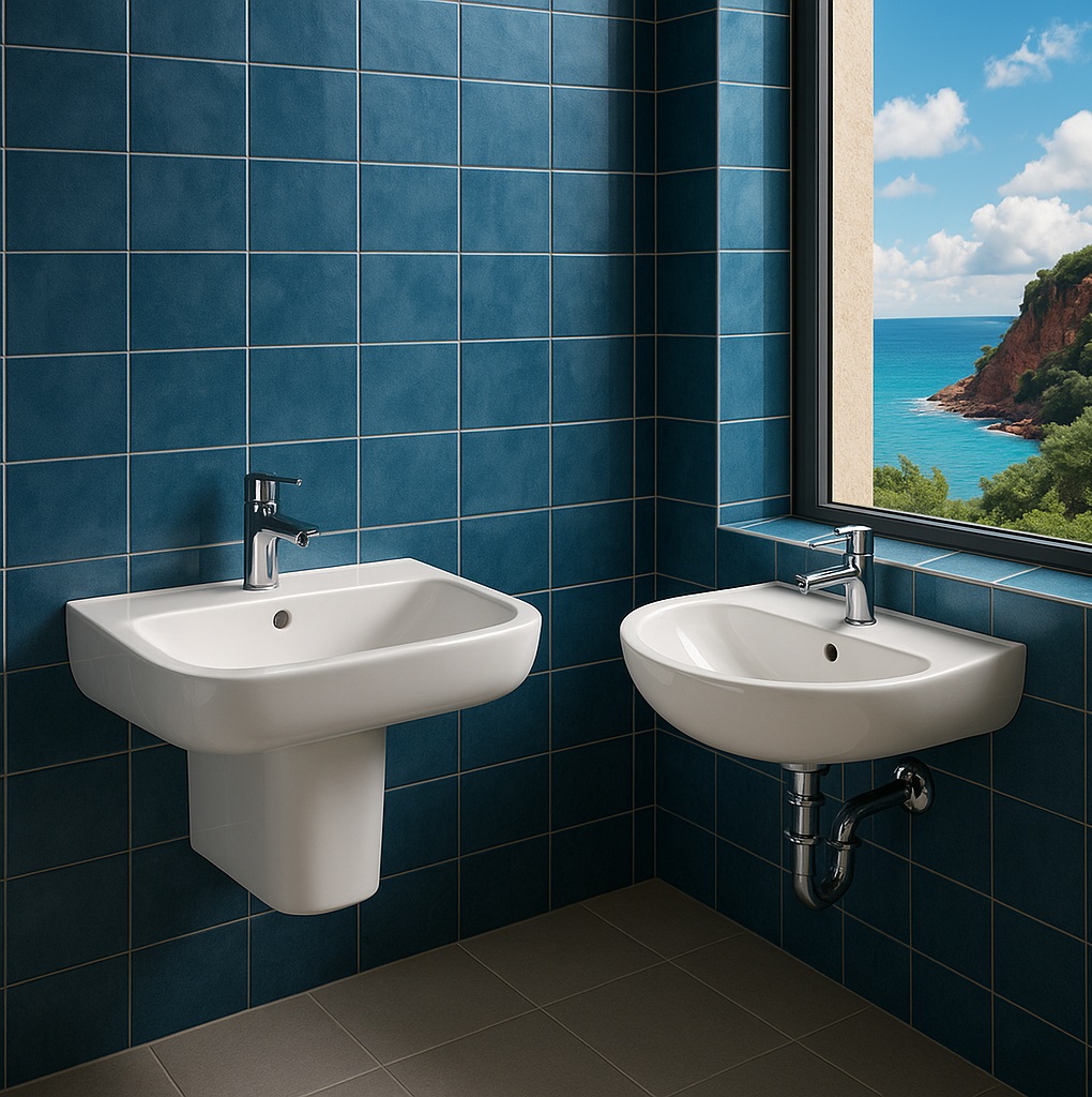 Wall-mounted BathSelect sink with chrome faucet in a dark accent wall bathroom